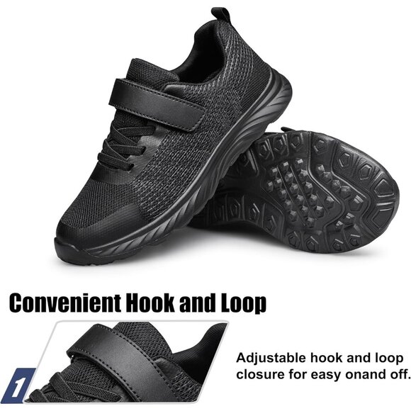 Kids All Black Lightweight Breathable Athletic Running Tennis Fitness Sneakers - Picture 3 of 6